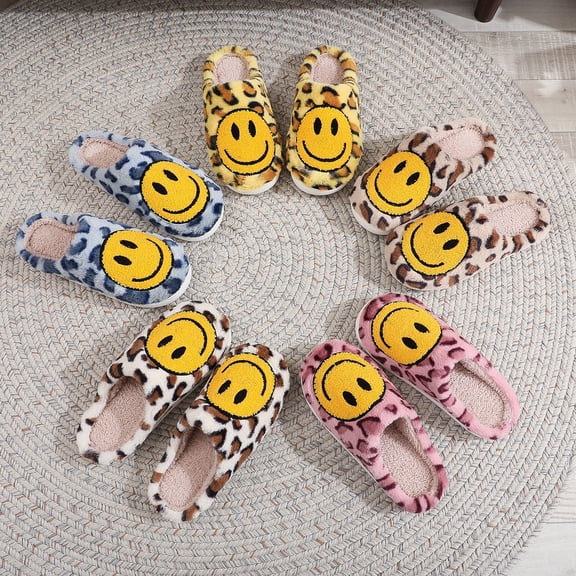 ZELAND Cozy Leopard Print Smiley Face Cotton Slippers for Couples - Thick Sole Non-Slip Indoor Winter House Shoes for Men & Women
