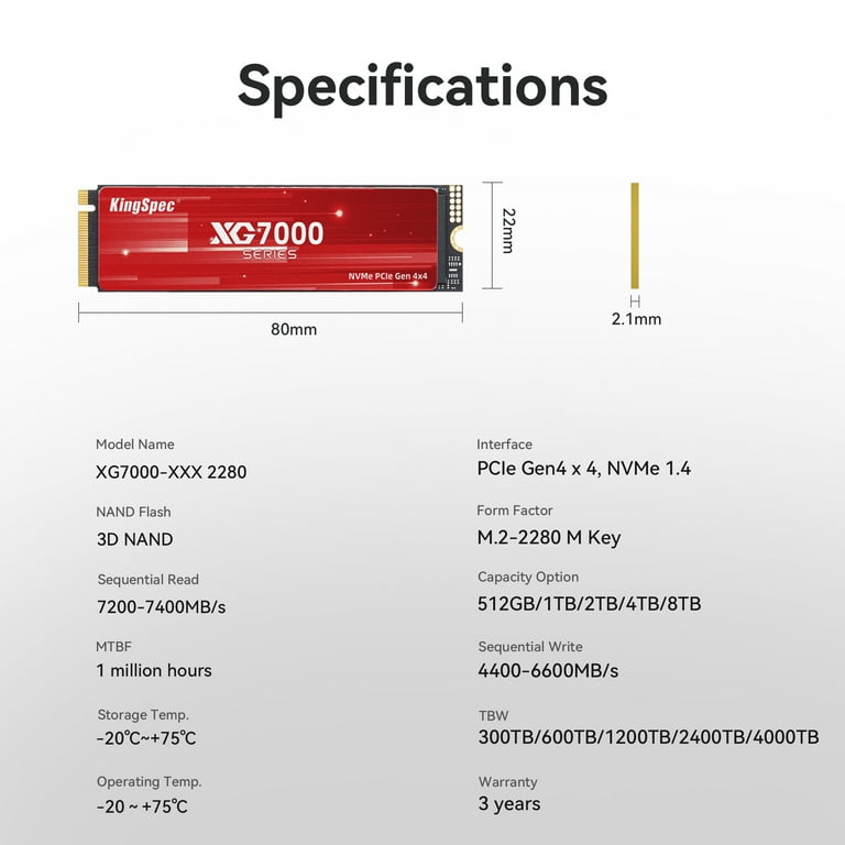 KingSpec XG7000 1TB NVMe SSD PCIe 4.0-7400MB/s Read Speed, 3D TLC