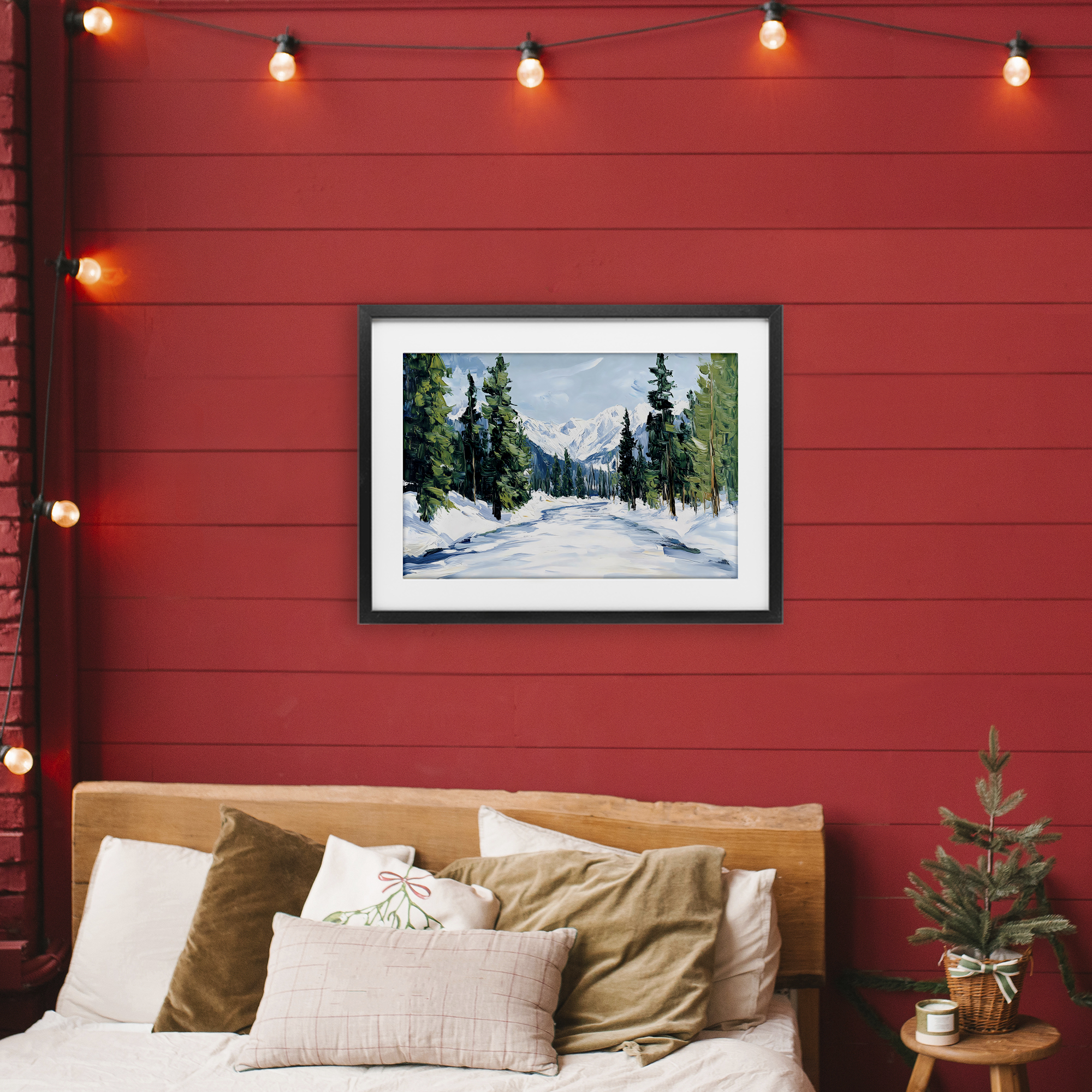 Snowy Tall Tree Pass Black Framed Print Under Glass, design by Petal Prints Design