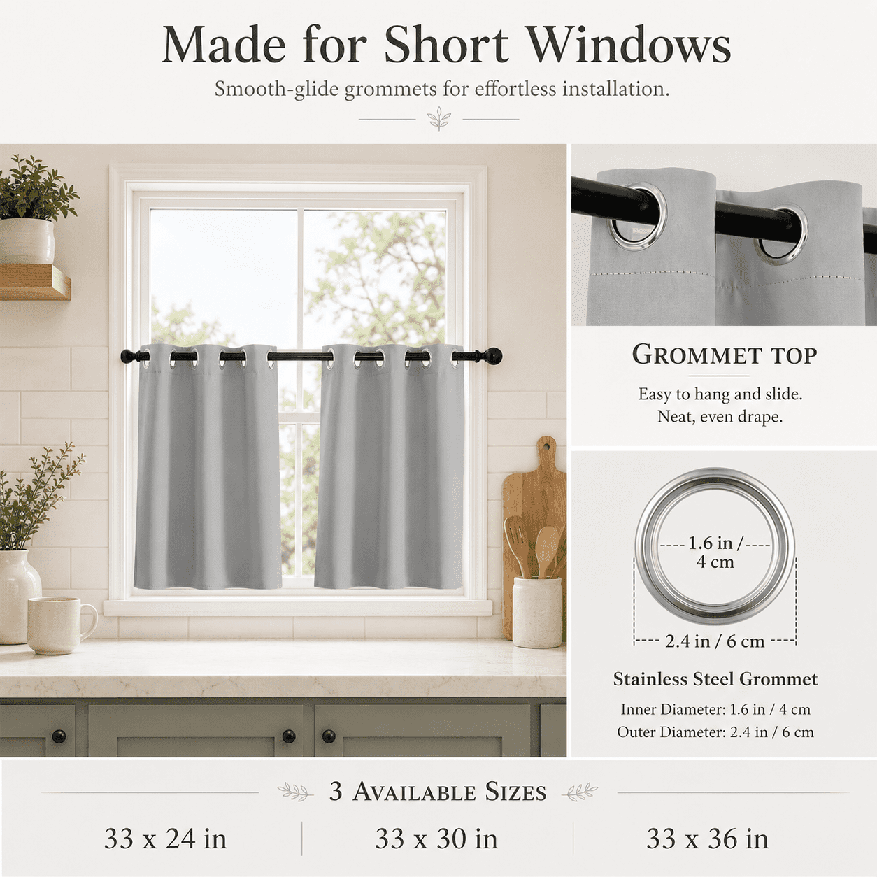 Lapalife 2 Panel Blackout Kitchen Curtains, Grommet Short Window Curtains for Kitchen Bathroom Cafe, Gray, 33"x 36"