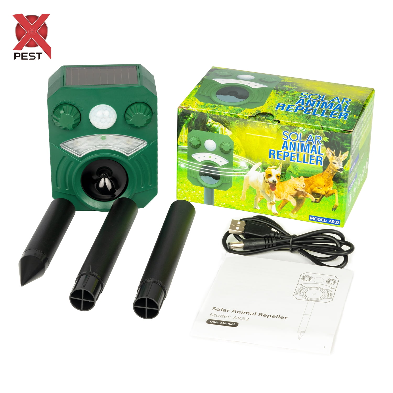 2 Pack Solar Ultrasonic Wildlife Repellent with Motion Sensor & LED Lights, AR33 Waterproof Outdoor Deer Repellent Device for Yard, Garden & Lawn – Effective Against Coyotes, Raccoons & Fox