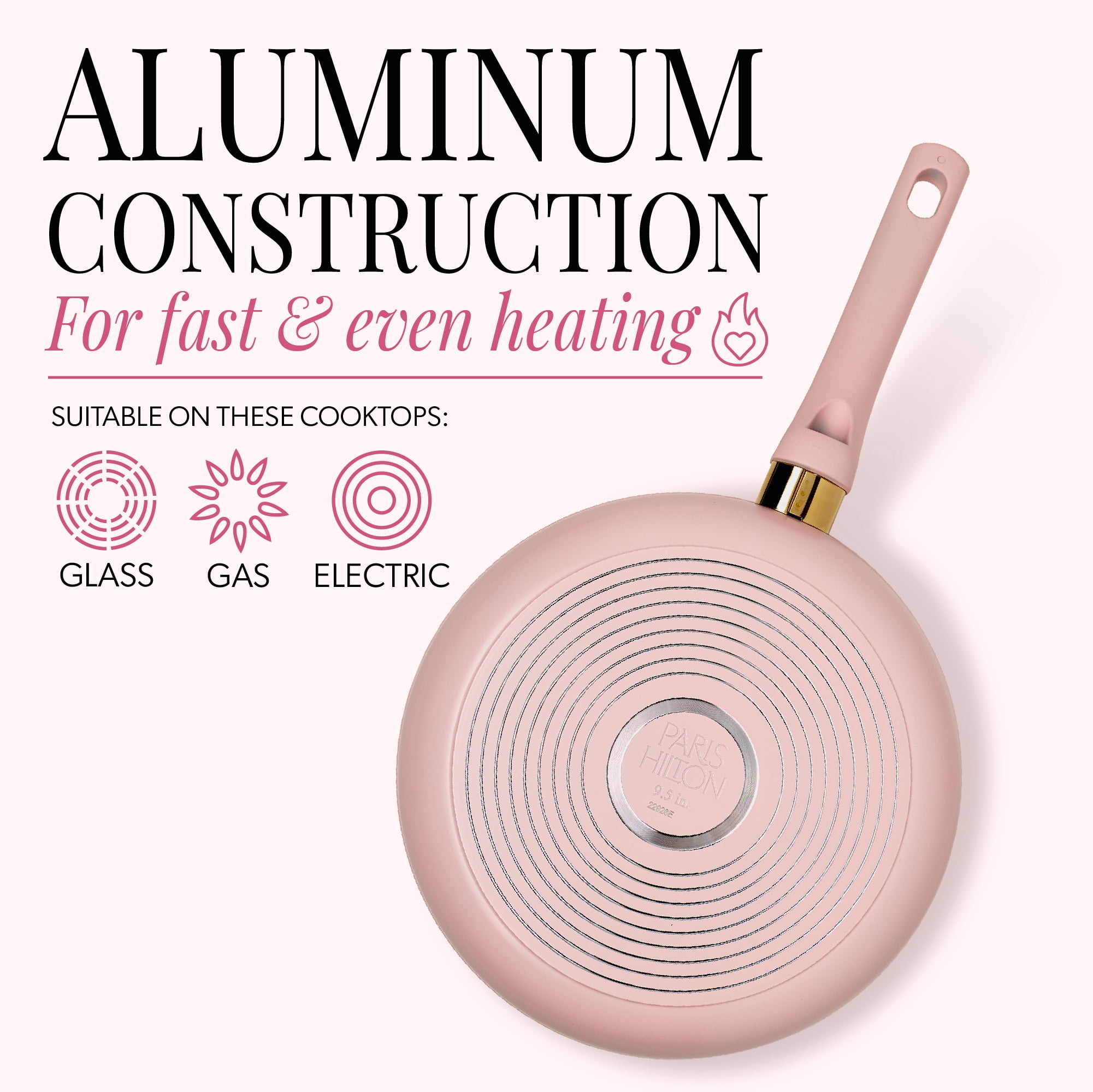 Paris Hilton 9.5-inch Fry Pan, Cast Aluminum, Clean Ceramic Nonstick Coating, Dishwasher Safe, Pink