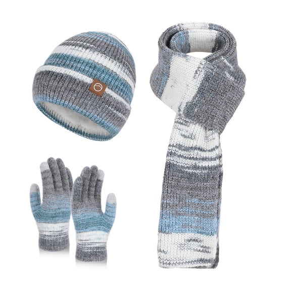 Xinwanna 3Pcs/Set Women Winter Hat Scarf Gloves Set Thickened Velvet Lining Knitting Hat Long Scarf Touch Screen Gloves Set Winter Accessories (Grey)