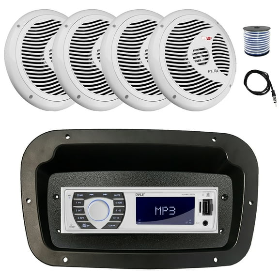 Pyle PLRMR23BTW Single DIN Bluetooth Marine MP3 Stereo Receiver, Spa bezel, Adapter Plate, 22" Radio Antenna, Wire, 4x 6.5" 150 Watt Max Full Range Dual Cone Waterproof Stereo Speakers (White)