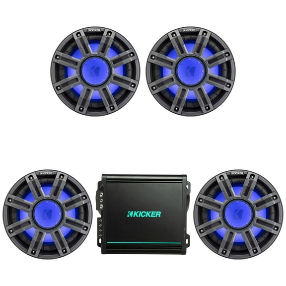 Kicker (4) 51MWF104 - MWF 10-Inch Premium Marine Subwoofer (free-air) 4-ohm & 48KMA8001 Marine Amp & Bass Knob Bundle