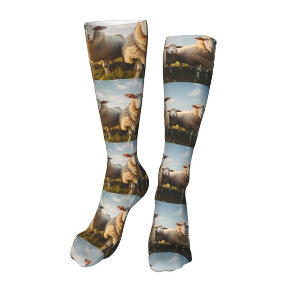 Xecao Cute Prairie Sheep Herd Print Calf Socks Seamless Toe, Knee High Long Socks, Sports Socks Trouser Socks for Women and Men-One Size
