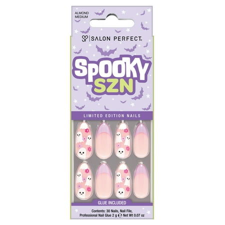 Salon Perfect Halloween Fall Artificial Fake Press On Nails, 407 Purple Ghost French, Medium Almond, File, Glue and Prep Pad Included, 30 Nails