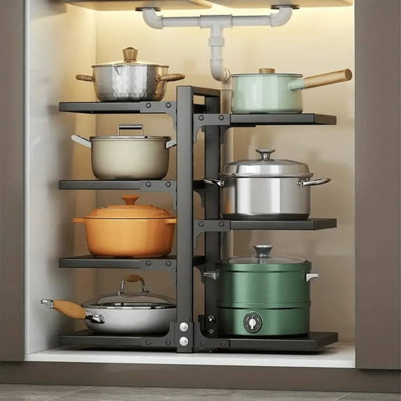 1pc 7-Tier Adjustable Pot Rack, Stainless Steel Kitchen Organizer Rack, Storage Shelf For Sink, Space-Saving Cupboard Storage Solution For Pots,Double-sided Square Frame 3 4-layer Pot Rack (gun Gray)