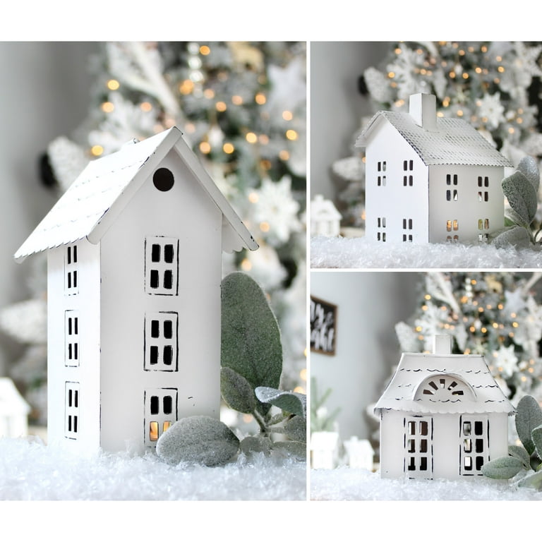 AuldHome Farmhouse Decor Tin Houses Set of 3, White Candle Lantern Decorative Holiday Christmas Village Display or Votive Holder