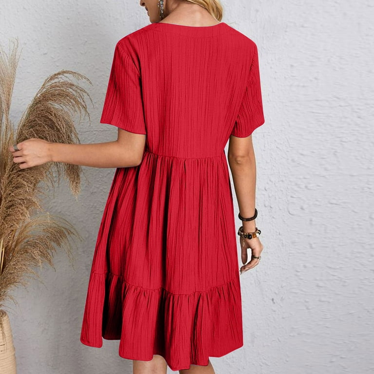 Women Plus Size Tiered Dresses Summer Short Sleeve Ruffle Dress Casual  Babydoll V Neck Ladies Dresses Red, 2XL - Walmart.com