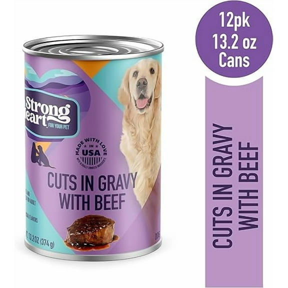 A Strong Heart Wet Dog Food, Cuts in Gravy with Beef - 13.2 oz Cans (Pack of 12), Made in The USA with Real Beef