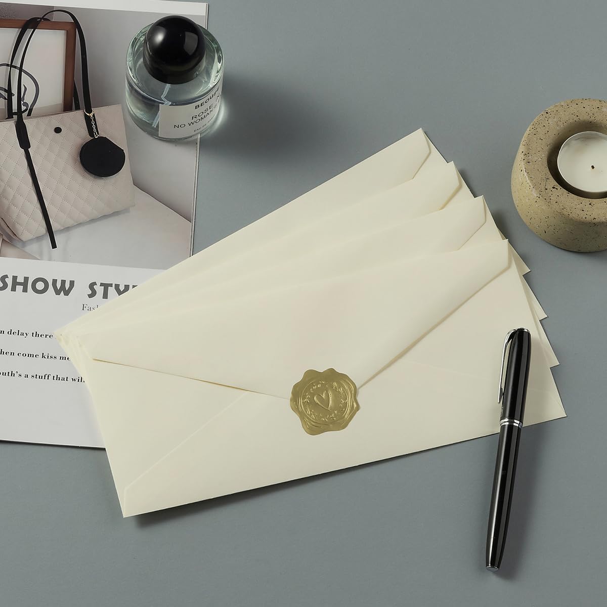 50 Count #10 Business Envelope with Gold Stickers for Office, Business, Letter Mailing, 4.13 x 9.49 Inches (Cream Color)