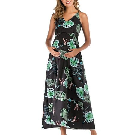 

Big Holiday Savings Summer Round Sleeveless Leaves Print Sling Maternity V Neck Fashion Dress