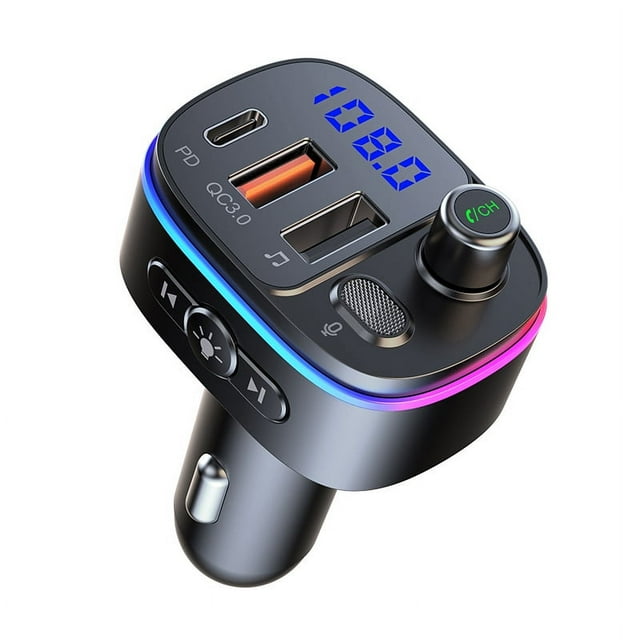 RV Transmisor FM Bluetooth 5.0, QC3.0 y PD 18W USB C Transmisor FM Bluetooth para automóvil con 9 RGB retroiluminados, adaptador Bluetooth para automóvil compatible con llamadas manos libres, Siri Google Assistant, unidad flash USB brillar Electrónica