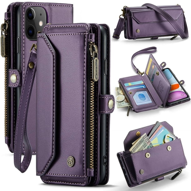 Bandolera para Billetera con Funda para iPhone 11【Bloqueo RFID】con Ranura para Billetes con Cremallera y 7 Tarjeteros, Correa Magnética para Hombro y Muñeca de Cuero PU Suave para Billetera