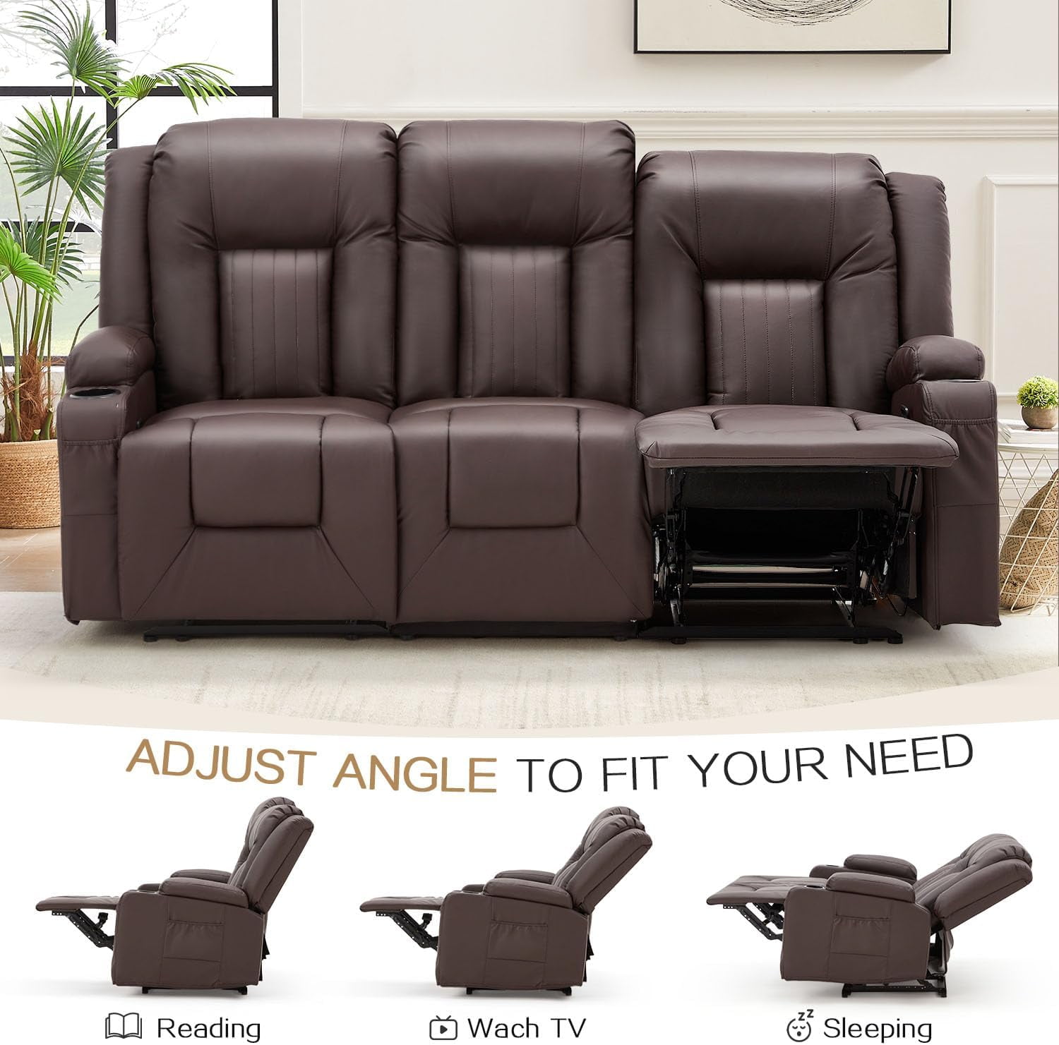 YODOLLA Manual Reclining Sofa with Side Pockets& Cup Holders, PU Leather Home Theater Seating, 3 Seat Recliner Chair in Brown