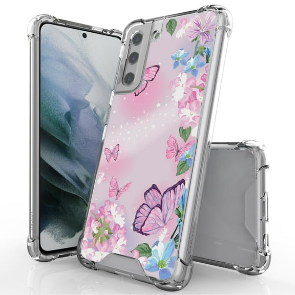 ANJ  Hybrid Slim Hard Back Cover Case Flexible Bumper for Samsung Galaxy S21 - Pink Flower Butterflies