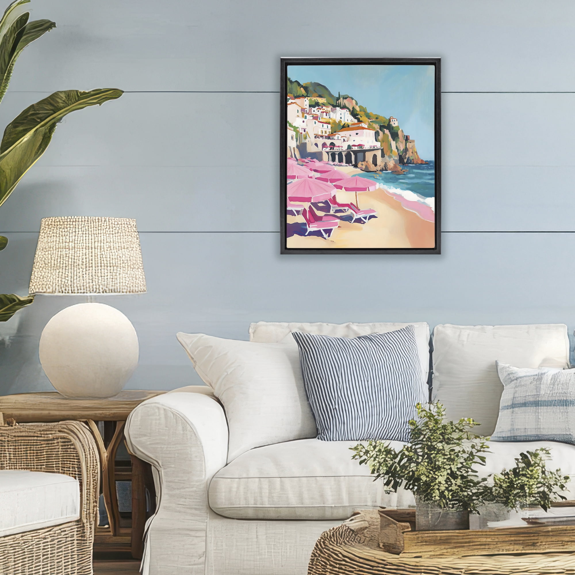 Stupell Industries Pink Beach Chairs on Shoreline Black Framed Floater Canvas Wall Art, design by The Prints Vibe