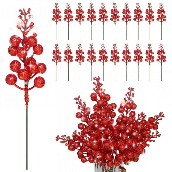 ZULAR 20 Pack Christmas Glitter Berries Stems,7.8Inch Artificial Red Berry Stems Holly Christmas Berries Picks for Christmas Tree Diy Xmas Wreath Crafts Berry Floral Branches Home Decorations