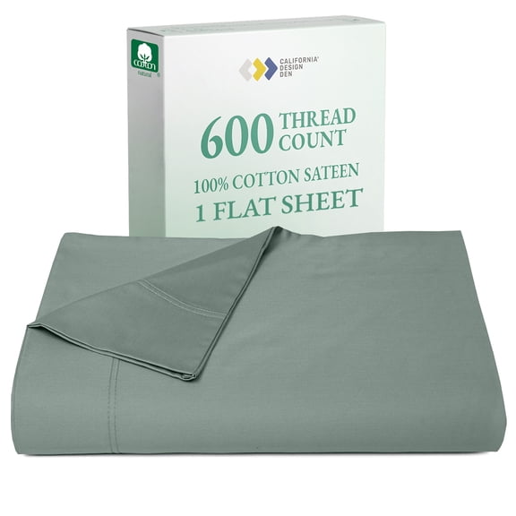 100% Natural Cotton Flat Sheet Only - 600 Thread Count, Soft and Crisp, Breathable, Top Sheet Only, Premium Sateen Weave - Sage Green- Cool Tone, King Size