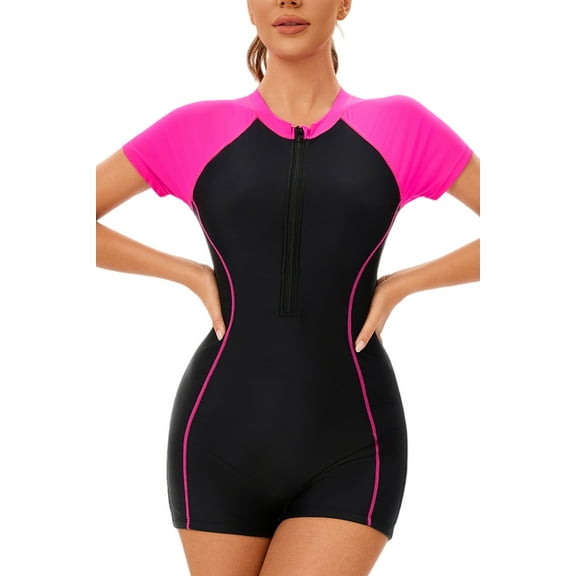 FEOYA Women One Piece Rash Guard Short Sleeve Tummy Control Zipper Front Bathing Suit Athletic Swimsuit Built in Bra Surf Sport Boyleg Swimwear Colorblock Summer Beach Swimming L