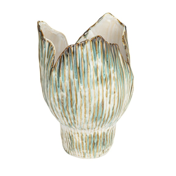 Creative Co-Op Stoneware Pleated Sculptural Vase with Reactive Glaze, Green and White