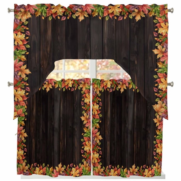Fall 3 Piece Swag Kitchen Curtains Set, Thanksgiving Rustic Colorful Maple Leaf Brown Wood Grain Valance and Tier Curtains 24 in Long, 56" x 36" Window Topper for Cafe Bathroom Bedroom