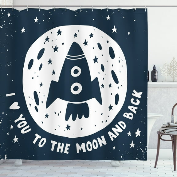 Ambesonne Saying Shower Curtain, Spaceship and Love Saying, 69"Wx70"L, Dark Blue and White