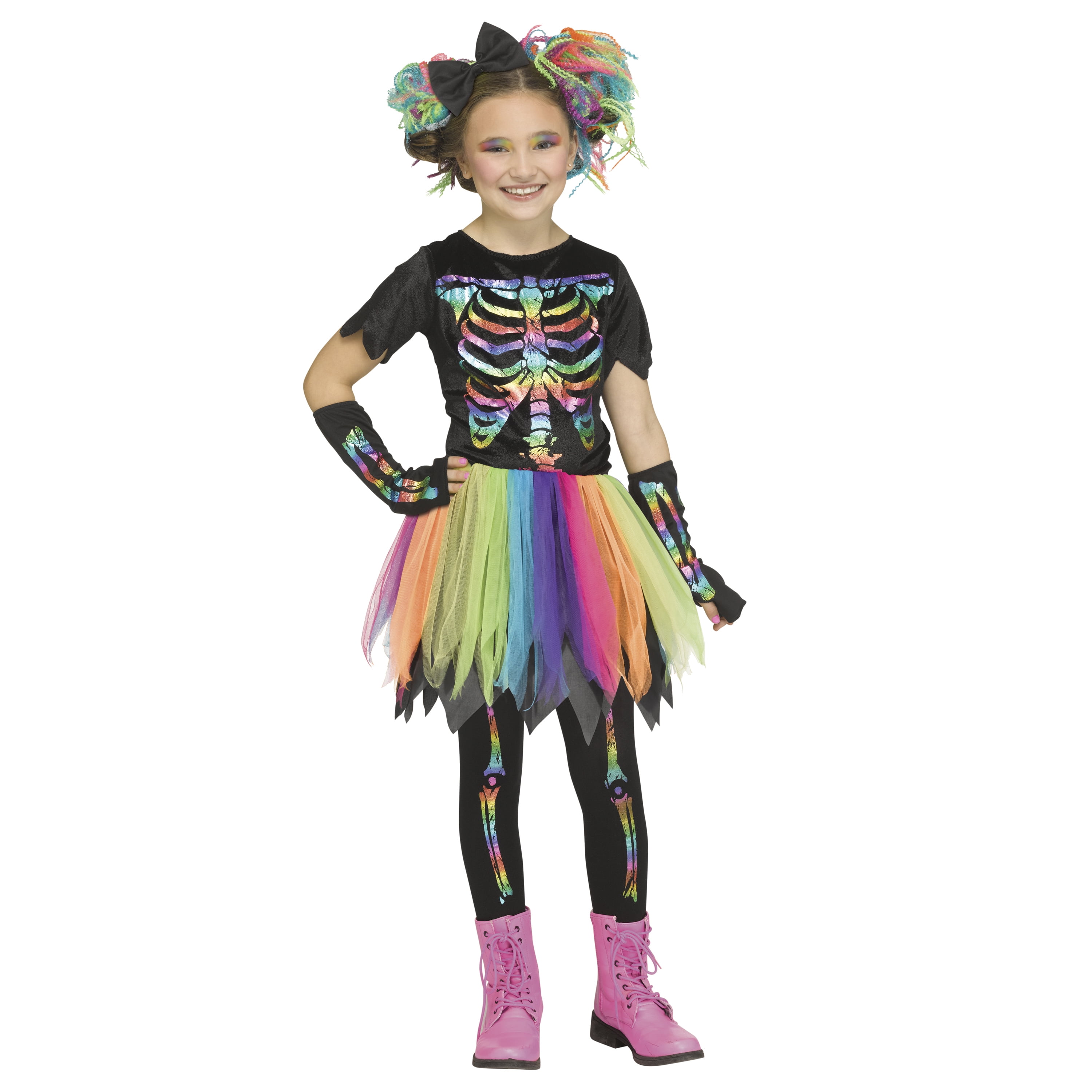 Fun World Inc. Rainbow Foil Skeleton Halloween Fantasy Costume Female, Child 4-10, Multi-Color