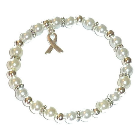 Lung Cancer Bracelet - White Pearl Stretch Cancer Awareness Bracelet - Fits Adults - Packaged