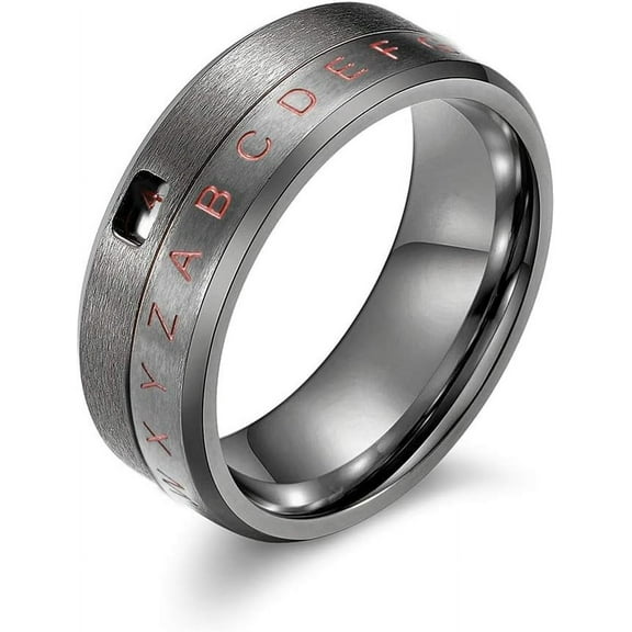 8MM Men's Stainless Steel Alphabet Number Spinner Ring Decoder Design Silver, Black, Gold