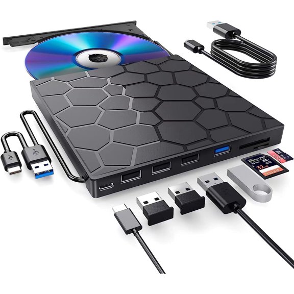 External CD/DVD Drive for Laptop, DVD Player for Laptop, 8 in 1 USB 3.0 Ultra-Slim Portable, CD Burner External Disk Drive Optical Compatible with Desktop Mac,Windows 11/10/8/7 Linux