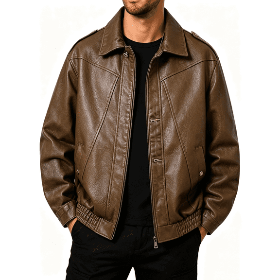 Atkumj Leather Jacket Men with Pockets Fashion Lapel Full Zip Bomber Jacket Casual Loose Solid Color Rain Coat Mens for City Walking S