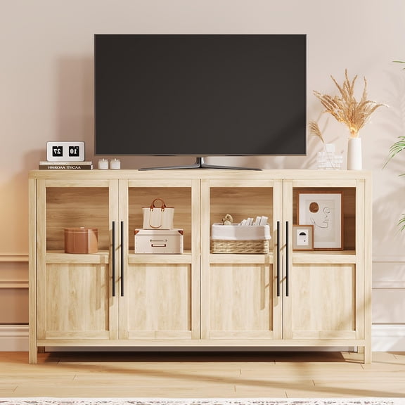 EcoSummer 55" Farmhouse Buffet Cabinet with Glass Doors, Rustic Sideboard for Dining Room Storage, Natural Wood