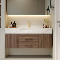 Bathroom Vanity Set 39.3" Modern Floating Stone Bathroom Vanity Walnut with Sink