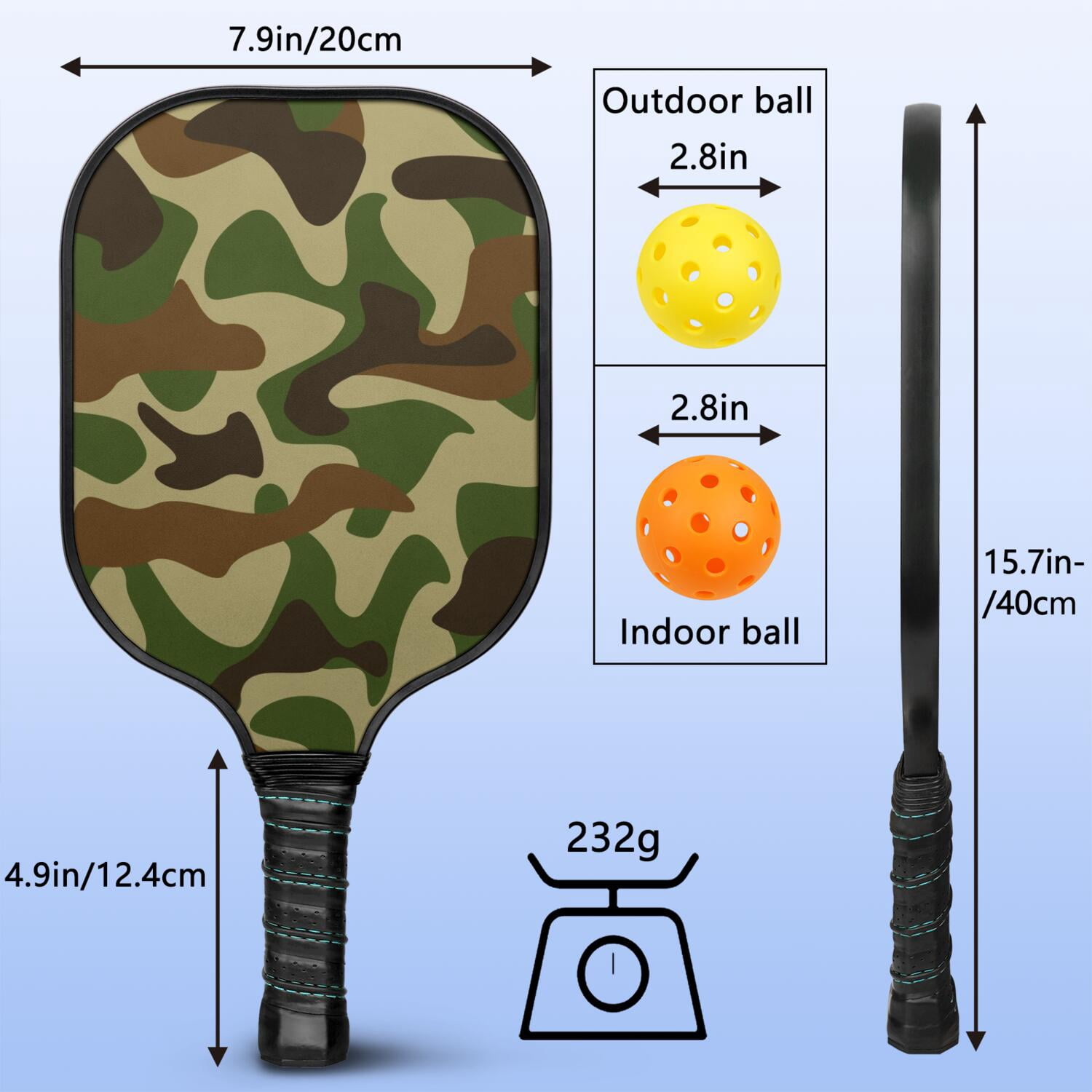 Pickleball Paddles Set Of 2, Fiberglass Surface, Camouflage Print, 4 Balls & Bag