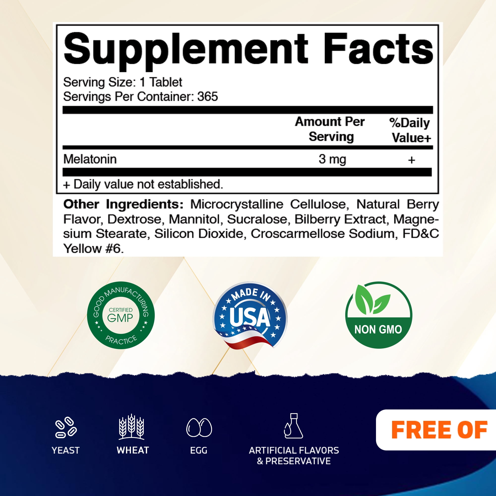 (3 pack) Vitamatic Melatonin 3mg Tablets | Vegetarian, Non-GMO, Gluten Free | 1 Year Supply | Natural Berry Flavor - 365 Tablets