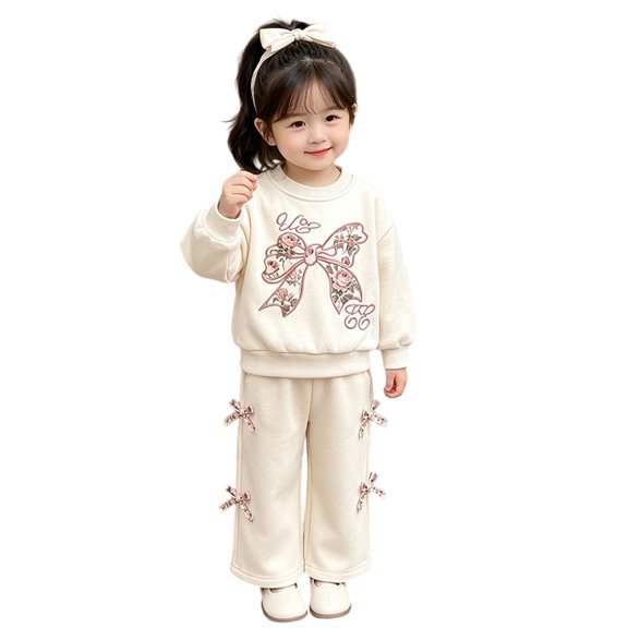 Yuncity Baby Girls Outfits Autumn Home Wear Outfit Long Sleeve Crew Neck Bow Sweatshirt And Pants With Lace 2 Piece Soft Comfortable Clothes Set Size 3-4 Years Beige