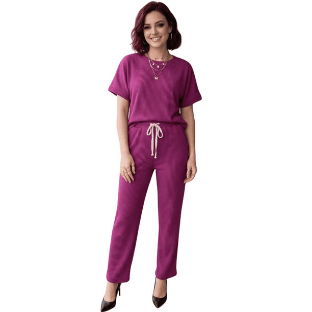 Conjunto 2 Piezas Casual Chic para Mujer Unitalla, Blusa de Manga Corta y Pantalón Cómodo, Estilo Elegante y Sofisticado para Mujer