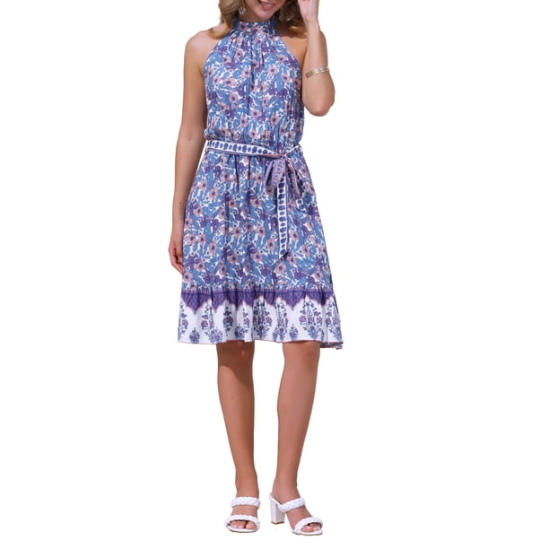 Vestido Floral Boho Inspire Chic para Mujer, Verano, Playa, con Cinturón, Cuello Halter, Sin Mangas, Vestido de Sol, S Azul Púrpura