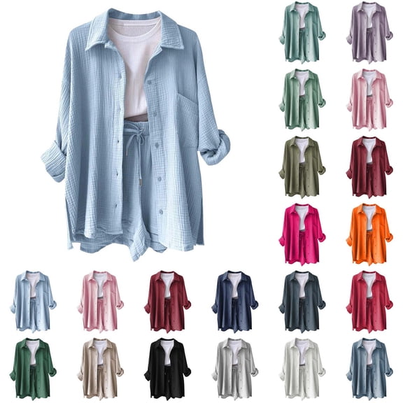 Linen Sets for Women 2 Piece Summer Long Sleeve Button Down Shirts High Waisted Shorts Set Oversized Tracksuit Khaki, Size L