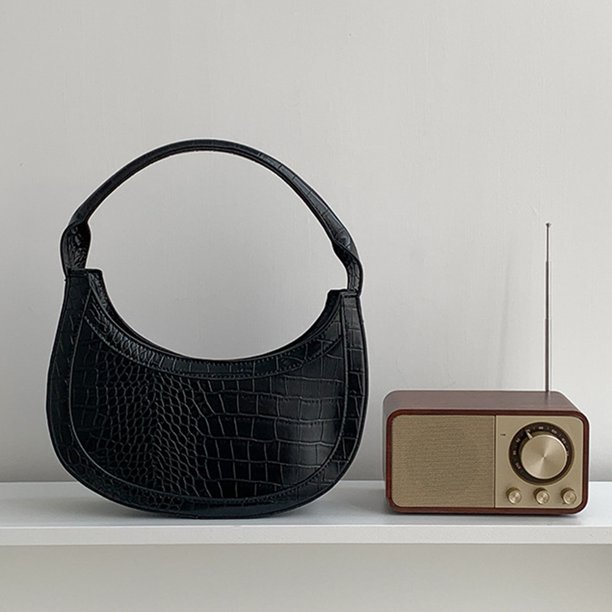 Bolso de media luna para mujer, bolso informal de PU para axila, bolso con cremallera Retro para chica, bolso elegante (negro)