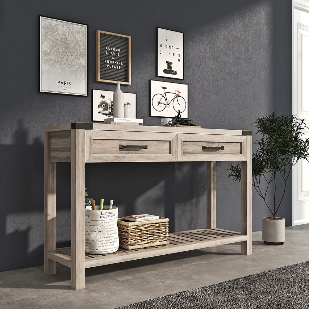 Kadyn 47 Inch Wide Console Table, Particle Boards Compact Console Table with Drawers and Shelf, Entry Sofa Table for Living Room, Gray Kadyn 47 Inch Wide Console Table, Particle Boards Compact Console Table with Drawers and Shelf, Entry Sofa Table for Living Room, Gray