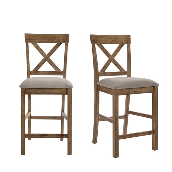 JERFIT Counter Height Dining Chairs Set of 2, Upholstered X-Back Bar Stools, Modern Farmhouse Kitchen Furniture with Wood Frame and Tan Fabric Seat