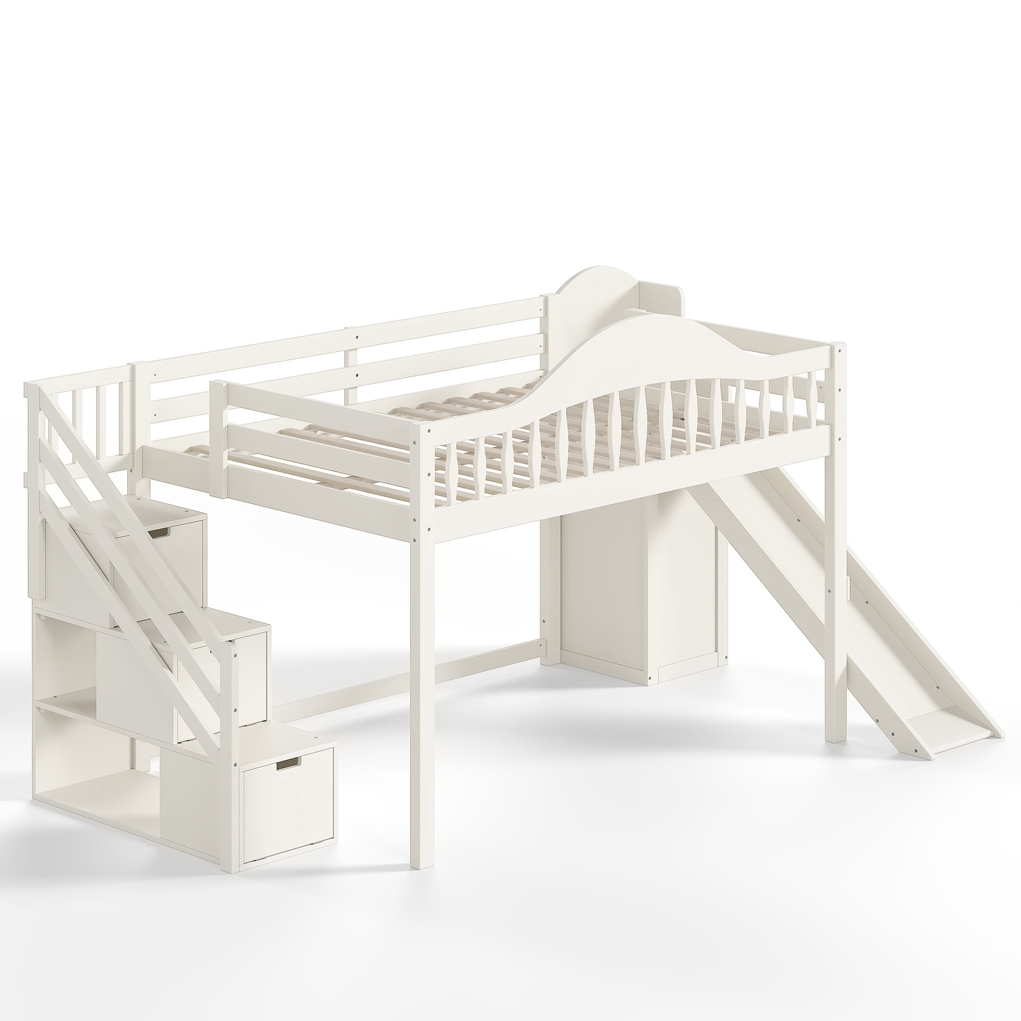 Leumius Full Loft Bed with Storage Stairs, Slide & Built-in Wardrobe, Stylish High Guardrail, Wood Loft Bed Frame for Bedroom,Dorms,Guests Beige