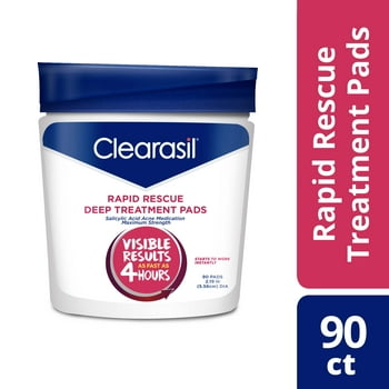 Clearasil Rapid Rescue Deep  Acne Face Pads, Maximum Strenght with 2% Salicylic  Acne  Medicine, 90 Count