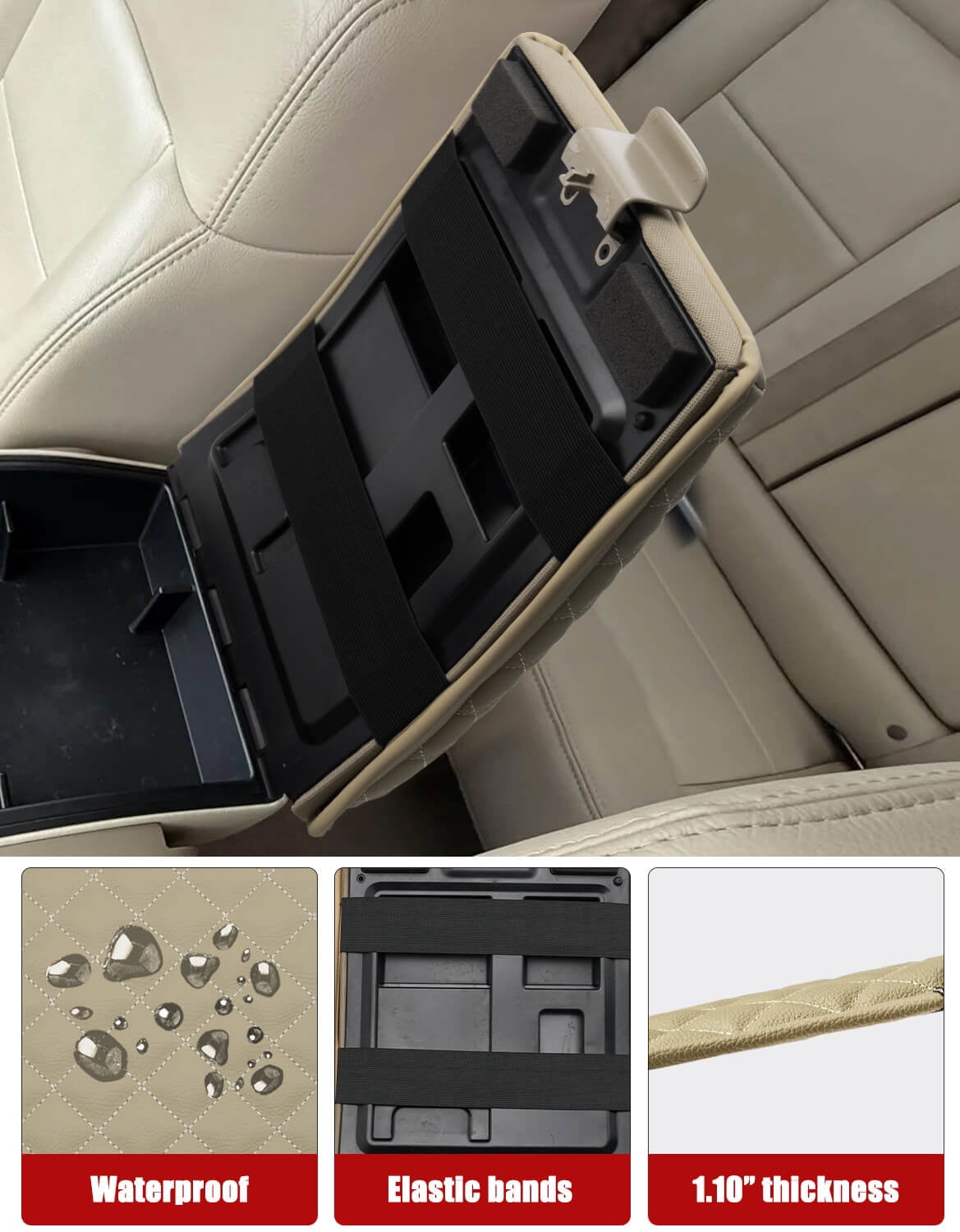 KBH Truck Center Console Cover for 2004-2010 Ford F150 with 40/20/40 Split Bench Jump Seat, Leather Middle Console Armrest Cover Cushion Pad for F150 Accessories Interior, Beige