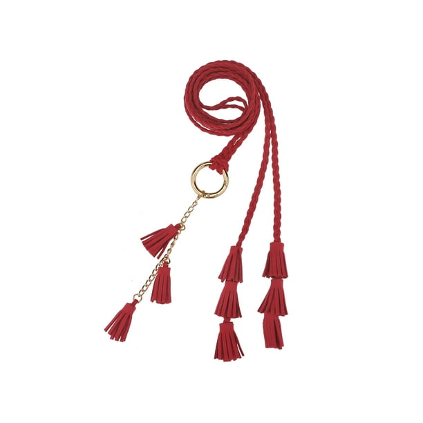 Cinturones de cuerda trenzada para mujeres INSPIRE CHIC, cinturones delgados bohemios con borlas y cadena, con anillo de metal para falda o vestido 47.2x0.2" Rojo