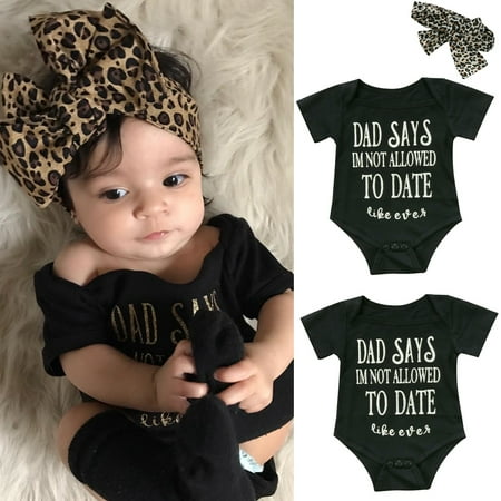 

Qtinghua Dad Says Im Not Allowed to Date Newborn Baby Girls Romper Jumpsuit with Leopard Headband 2PCs Outfits Black 9-12 Months