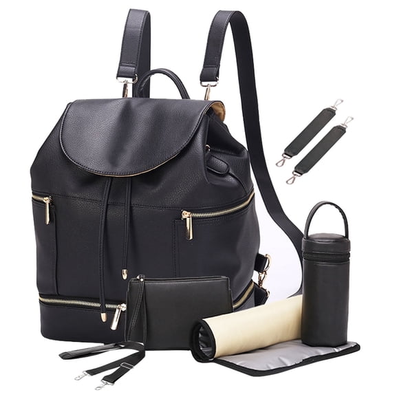 LEQUEEN - Bolso Grande de Piel Sintética para Pañales de Bebé con Cambiador, Mochila para Mamá, Mochila Escolar para la Vuelta a la Escuela, Color Negro